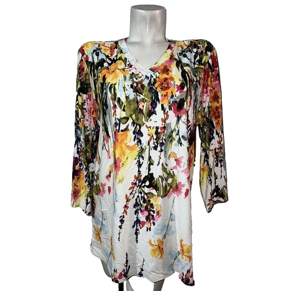 NorthStyle Tops - NorthStyle Womens XL Floral V-Neck Tunic Top 3/4 Slv Watercolor Botanical Print